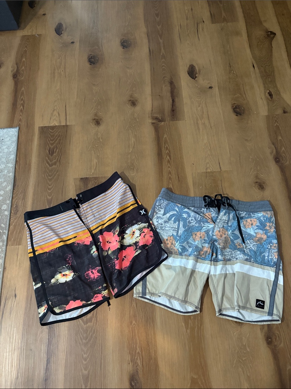 Hurley and Rusty Black Floral Hybrid Boardshorts with Yellow Stripes